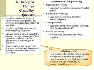 A Theory of Human Capability (Jaques) People have different levels of ability to handle complexity. The levels are distinct and can readily be identified People’s capability increases in a predictable way over time You can assess a person’s capability by observing the complexity of their arguments; and there are four qualitatively different types of argument There is a direct correlation with time span or discretion. You can use time span to assess capability or vice versa Mental Information processing  Declarative processing argument by making simple, unconnected points Cumulative processing argument by making a number of connected points Serial processing argument based on an “if-then” structure, if A then B and hence C” Parallel processing several serial arguments are linked together Is this theory fair? How well does this theory explain the way management structures are designed? How accurately do you think this reflects the value actually contributed by managers at different levels? 