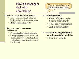 How do managers deal with uncertainty? Reduce the need for information Loose coupling - slack resources - buffer stocks - self-contained tasks Reduced transaction costs Increase capacity to process information Sophisticated information systems Change organization structure - for example: improved lateral relations - coordinator roles, task forces, and matrix design. Impose certainty Close off options, make binding commitments. Total quality management Just-in-time inventory Decision-making techniques to mask uncertainty and risk Statistical analysis What are the limitations of these various strategies? 