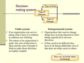 Decision- making systems Viable systems If an organization can survive doing what it does it is unlikely to embrace new thinking  The nature of an organization’s goals, the sorts of decisions it takes and the sorts of people it finds to make those decisions are tightly coupled Entrepreneurial systems Organisations that want to change things have to keep themselves from taking superficial or obvious decisions. If they need to be different they have to do things differently even if that does not make sense to others How can we break habits of thinking? Type of Goal Type of Decision Type of Manager 