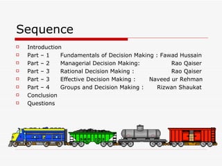 Sequence
   Introduction
   Part – 1    Fundamentals of Decision Making : Fawad Hussain
   Part – 2    Managerial Decision Making:          Rao Qaiser
   Part – 3    Rational Decision Making :           Rao Qaiser
   Part – 3    Effective Decision Making :   Naveed ur Rehman
   Part – 4    Groups and Decision Making :     Rizwan Shaukat
   Conclusion
   Questions
 