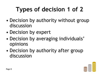 Types of decision 1 of 2
• Decision by authority without group
discussion
• Decision by expert
• Decision by averaging individuals’
opinions
• Decision by authority after group
discussion
Page 8
 