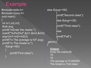 #include<stdio.h>
#include<conio.h>
void main()
{
int m1,m2,m3;
float avg;
printf("nEnter the marks:");
scanf("%d%d%d",&m1,&m2,&m3);
avg=(m1+m2+m3)/3;
printf("n The average is:%f",avg);
printf("n The Grade is:");
if(avg>=60)
{
printf("First class");
}
else if(avg>=50)
{
printf("Second class");
}
else if(avg>=35)
{
printf("Thrid class");
}
else
{
printf("Fail");
}
getch();
}
Output:
Enter the marks:65
75
70
The average is:70.000000
The Grade is: First class
 