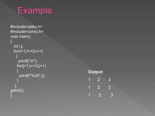 #include<stdio.h>
#include<conio.h>
void main()
{
int i,j;
for(i=1;i<=3;i++)
{
printf("n");
for(j=1;j<=3;j++)
{
printf("%dt",j);
}
}
getch();
}
Output:
1 2 3
1 2 3
1 2 3
 