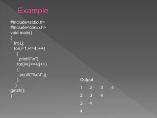 #include<stdio.h>
#include<conio.h>
void main()
{
int i,j;
for(i=1;i<=4;i++)
{
printf("n");
for(j=i;j<=4;j++)
{
printf("%dt",j);
}
}
getch();
}
Output:
1 2 3 4
2 3 4
3 4
4
 