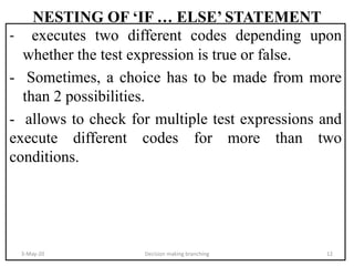 Decision makingandbranching in c | PPTX