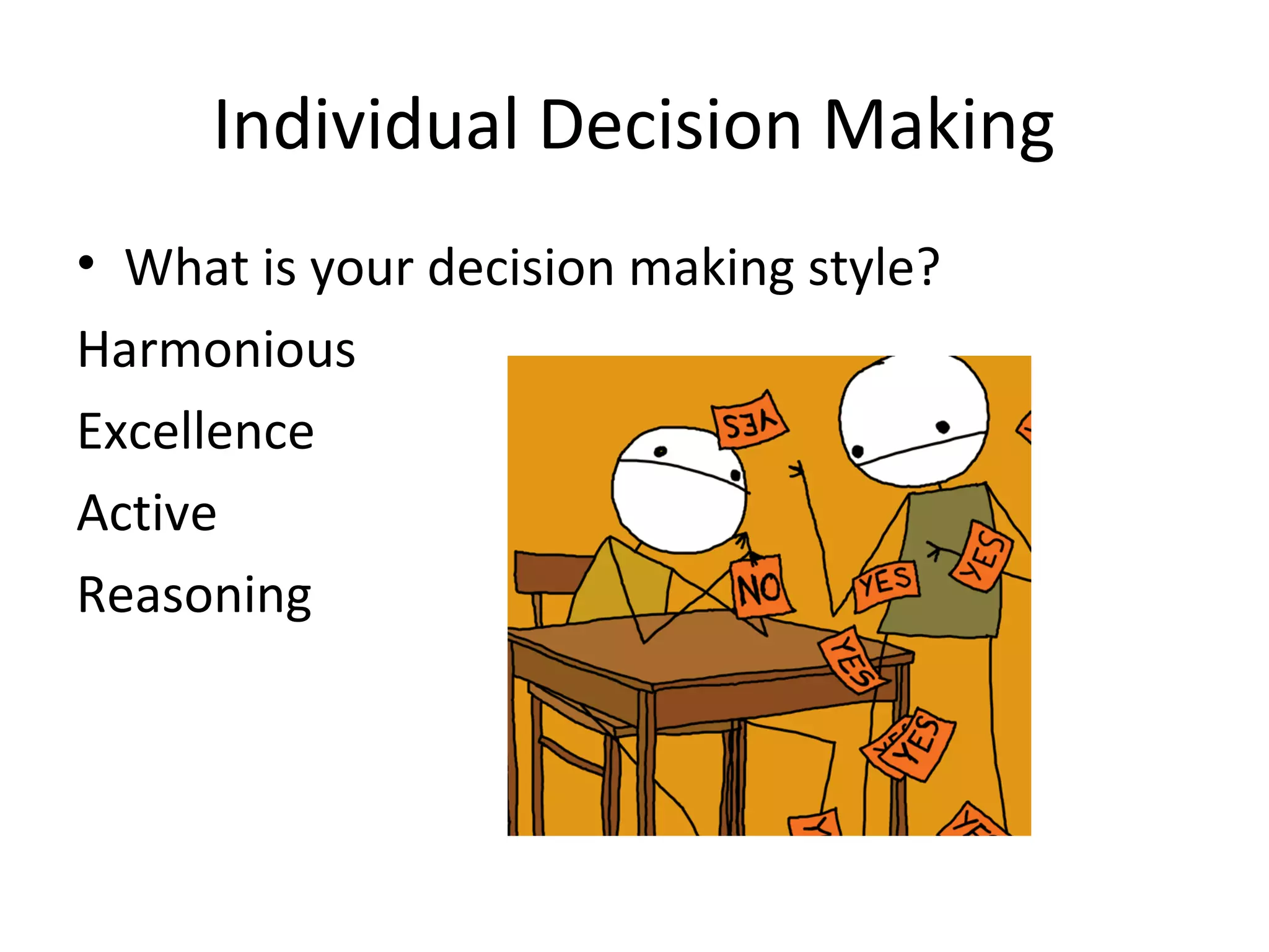 Individual Decision Making
• What is your decision making style?
Harmonious
Excellence
Active
Reasoning
 