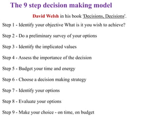 The 9 step decision making model
David Welsh in his book 'Decisions, Decisions'.
Step 1 - Identify your objective What is it you wish to achieve?
Step 2 - Do a preliminary survey of your options
Step 3 - Identify the implicated values
Step 4 - Assess the importance of the decision
Step 5 - Budget your time and energy
Step 6 - Choose a decision making strategy
Step 7 - Identify your options
Step 8 - Evaluate your options
Step 9 - Make your choice - on time, on budget
 