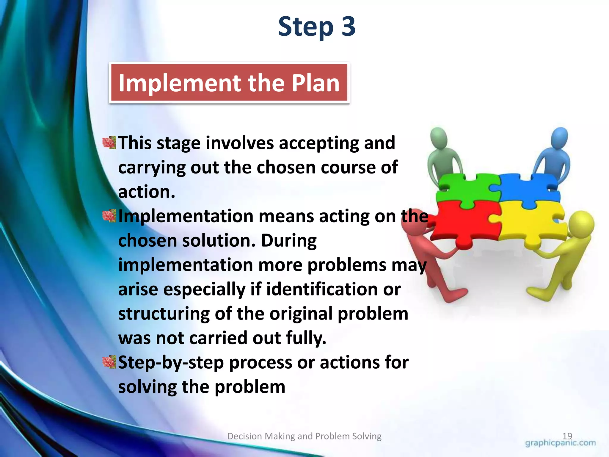 Step 3 
Implement the Plan 
This stage involves accepting and 
carrying out the chosen course of 
action. 
Implementation means acting on the 
chosen solution. During 
implementation more problems may 
arise especially if identification or 
structuring of the original problem 
was not carried out fully. 
Step-by-step process or actions for 
solving the problem 
Decision Making and Problem Solving 19 
 