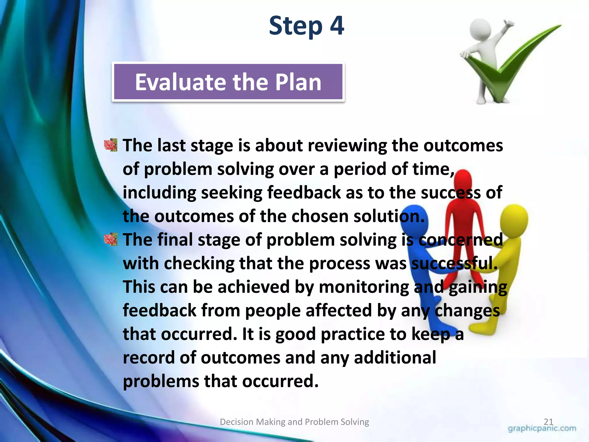 Step 4 
Evaluate the Plan 
The last stage is about reviewing the outcomes 
of problem solving over a period of time, 
including seeking feedback as to the success of 
the outcomes of the chosen solution. 
The final stage of problem solving is concerned 
with checking that the process was successful. 
This can be achieved by monitoring and gaining 
feedback from people affected by any changes 
that occurred. It is good practice to keep a 
record of outcomes and any additional 
problems that occurred. 
Decision Making and Problem Solving 21 
 