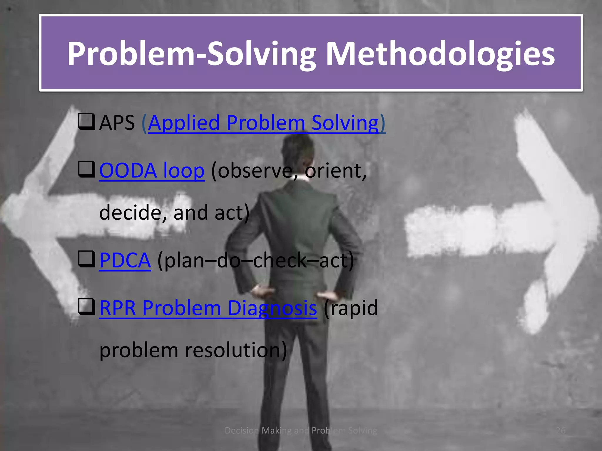 Problem-Solving Methodologies 
APS (Applied Problem Solving) 
OODA loop (observe, orient, 
decide, and act) 
PDCA (plan–do–check–act) 
RPR Problem Diagnosis (rapid 
problem resolution) 
Decision Making and Problem Solving 26 
 