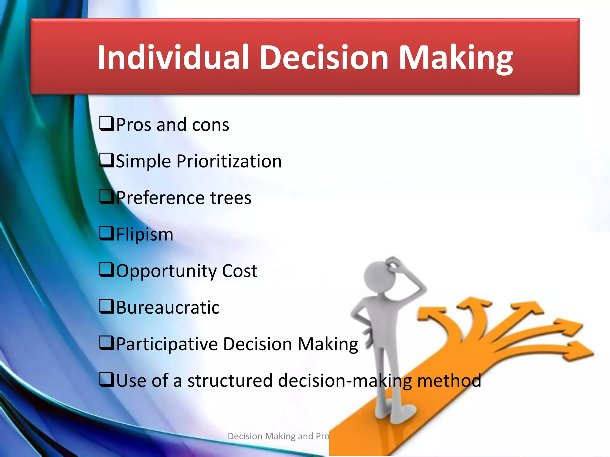 Individual Decision Making 
Pros and cons 
Simple Prioritization 
Preference trees 
Decision Making and Problem Solving 34 
Flipism 
Opportunity Cost 
Bureaucratic 
Participative Decision Making 
Use of a structured decision-making method 
 