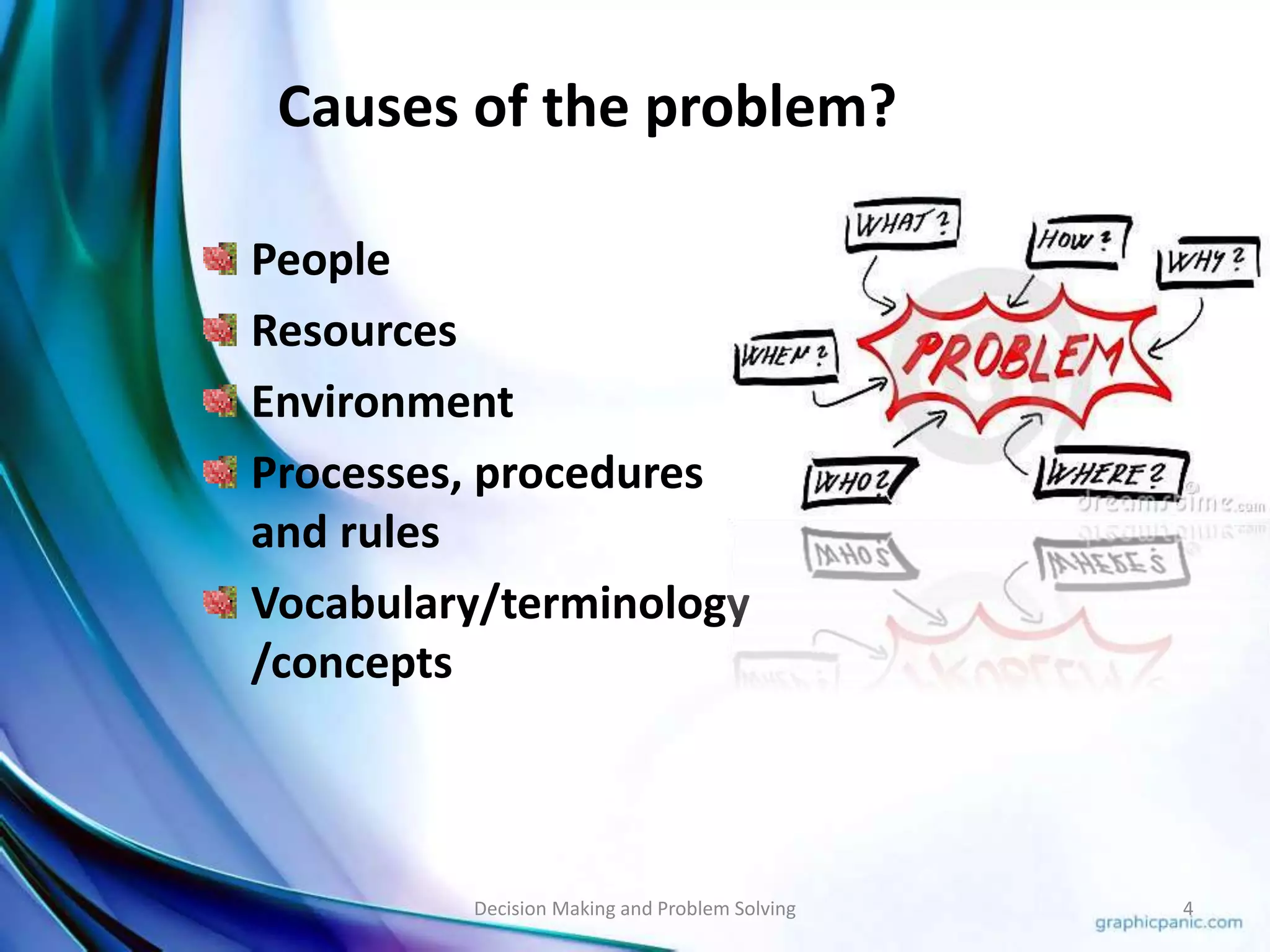 Causes of the problem? 
People 
Resources 
Environment 
Processes, procedures 
and rules 
Vocabulary/terminology 
/concepts 
Decision Making and Problem Solving 4 
 