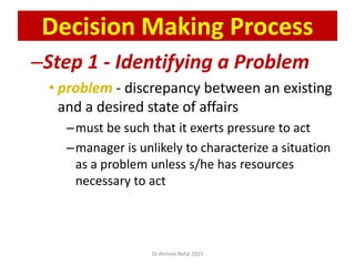 –Step 1 - Identifying a Problem
• problem - discrepancy between an existing
and a desired state of affairs
–must be such that it exerts pressure to act
–manager is unlikely to characterize a situation
as a problem unless s/he has resources
necessary to act
© Prentice Hall, 2002
Decision Making Process
Dr.Ahmed-Refat 2015
 