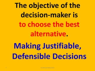 The objective of the
decision-maker is
to choose the best
alternative.
Making Justifiable,
Defensible Decisions
Dr.Ahmed-Refat 20155
 