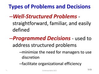 Types of Problems and Decisions
–Well-Structured Problems -
straightforward, familiar, and easily
defined
–Programmed Decisions - used to
address structured problems
–minimize the need for managers to use
discretion
–facilitate organizational efficiency
© Prentice Hall, 2002 6-60
60 Dr.Ahmed-Refat 2015
 