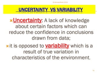 UNCERTAINTY VS VARIABILITY
Uncertainty: A lack of knowledge
about certain factors which can
reduce the confidence in conclusions
drawn from data;
it is opposed to variability which is a
result of true variation in
characteristics of the environment.
Dr.Ahmed-Refat 2015
65
 