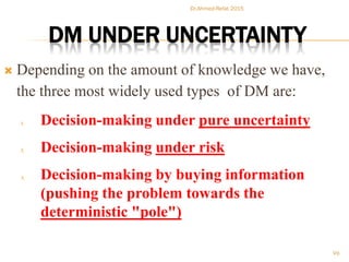 DM UNDER UNCERTAINTY
 Depending on the amount of knowledge we have,
the three most widely used types of DM are:
1. Decision-making under pure uncertainty
2. Decision-making under risk
3. Decision-making by buying information
(pushing the problem towards the
deterministic "pole")
Dr.Ahmed-Refat 2015
75
 