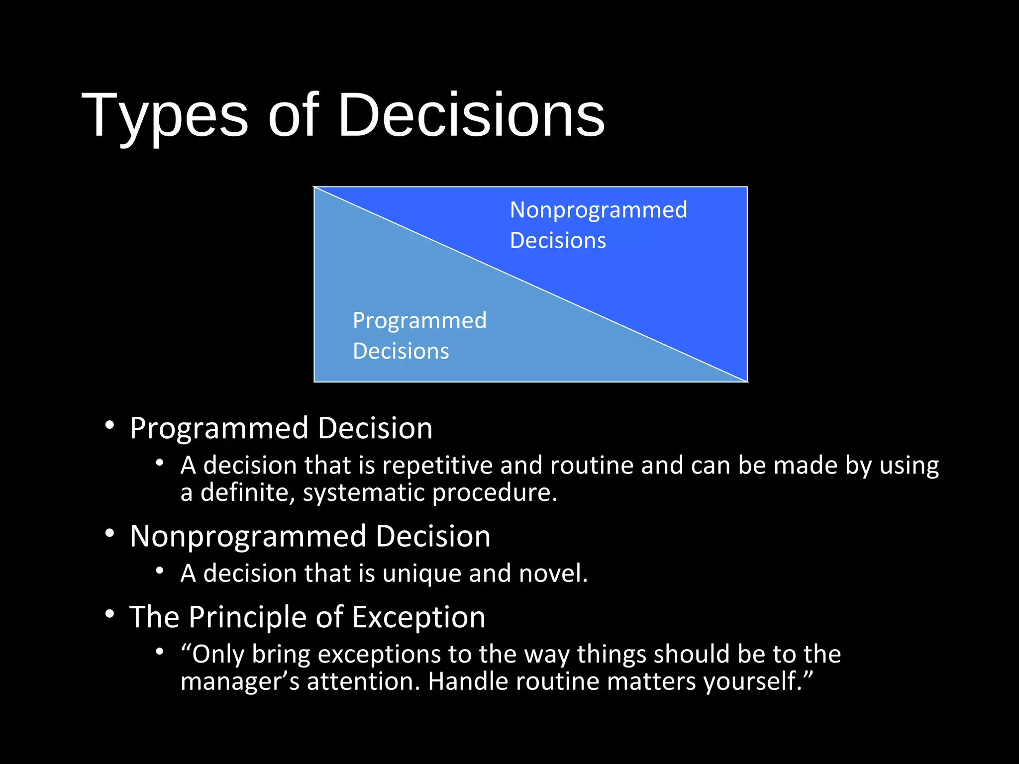 Types of Decisions
• Programmed Decision
• A decision that is repetitive and routine and can be made by using
a definite, systematic procedure.
• Nonprogrammed Decision
• A decision that is unique and novel.
• The Principle of Exception
• “Only bring exceptions to the way things should be to the
manager’s attention. Handle routine matters yourself.”
Programmed
Decisions
Nonprogrammed
Decisions
 