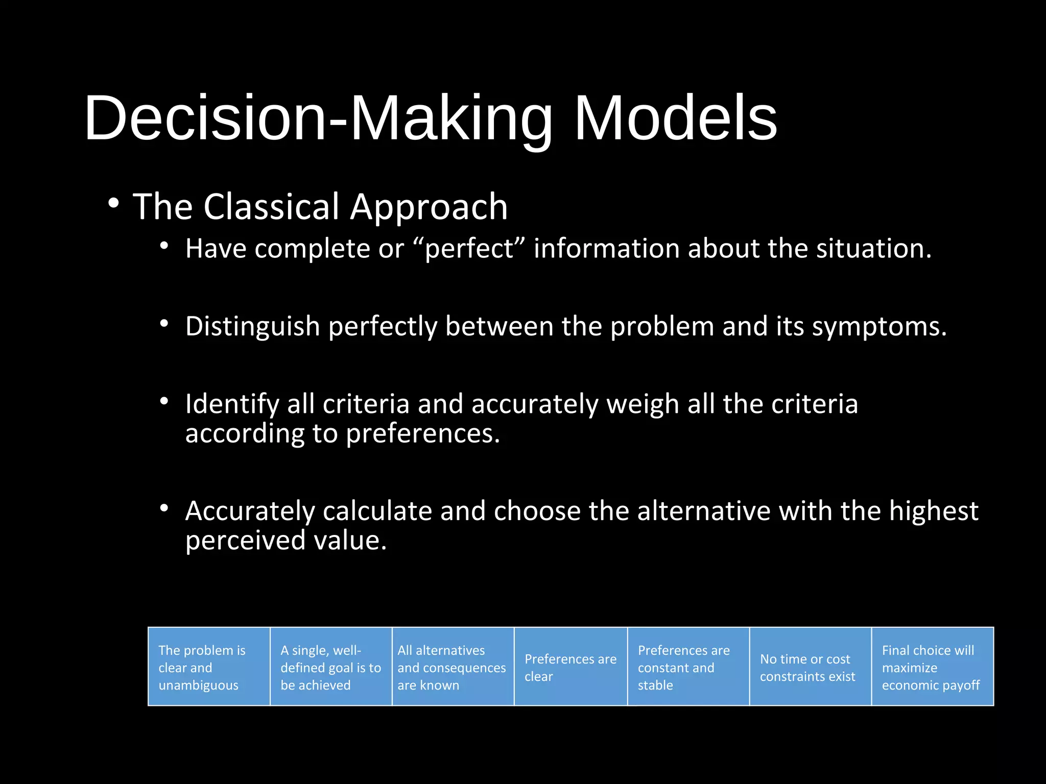 Decision-Making Models
• The Classical Approach
• Have complete or “perfect” information about the situation.
• Distinguish perfectly between the problem and its symptoms.
• Identify all criteria and accurately weigh all the criteria
according to preferences.
• Accurately calculate and choose the alternative with the highest
perceived value.
The problem is
clear and
unambiguous
A single, well-
defined goal is to
be achieved
All alternatives
and consequences
are known
Preferences are
clear
Preferences are
constant and
stable
No time or cost
constraints exist
Final choice will
maximize
economic payoff
 
