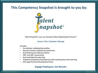 talentsnapshot.com© 2018 Talent Management LLC
This Competency Snapshot is brought to you by:
Talent Snapshot® uses our Exclusive Talent Optimization Process™
Assess | Plan | Develop | Manage
Includes:
• Pre-defined, validated job profiles
• Research-based, validated competencies
• Key Performance Indicator library
• 360° and 180° assessments
• Goal and objective planning
• Targeted competency development with coaching tips and eLearning
• One page Personal Development Plans
Engage Employees. Get Results.