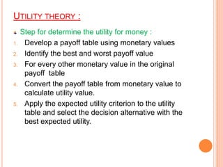 UTILITY THEORY :
Step for determine the utility for money :
1. Develop a payoff table using monetary values
2. Identify the best and worst payoff value
3. For every other monetary value in the original
payoff table
4. Convert the payoff table from monetary value to
calculate utility value.
5. Apply the expected utility criterion to the utility
table and select the decision alternative with the
best expected utility.
 