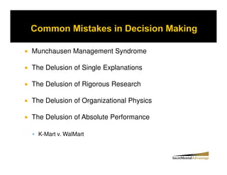 Munchausen Management Syndrome

The Delusion of Single Explanations

The Delusion of Rigorous Research

The Delusion of Organizational Physics

The Delusion of Absolute Performance

  K-Mart v. WalMart
 