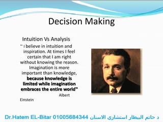 Decision Making
Intuition Vs Analysis
“ I believe in intuition and
inspiration. At times I feel
certain that I am right
without knowing the reason.
Imagination is more
important than knowledge,
because knowledge is
limited while imagination
embraces the entire world”
Albert
Einstein
 