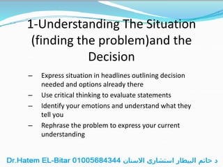 1-Understanding The Situation
(finding the problem)and the
Decision
– Express situation in headlines outlining decision
needed and options already there
– Use critical thinking to evaluate statements
– Identify your emotions and understand what they
tell you
– Rephrase the problem to express your current
understanding
 