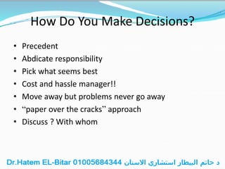 How Do You Make Decisions?
• Precedent
• Abdicate responsibility
• Pick what seems best
• Cost and hassle manager!!
• Move away but problems never go away
• “paper over the cracks” approach
• Discuss ? With whom
 