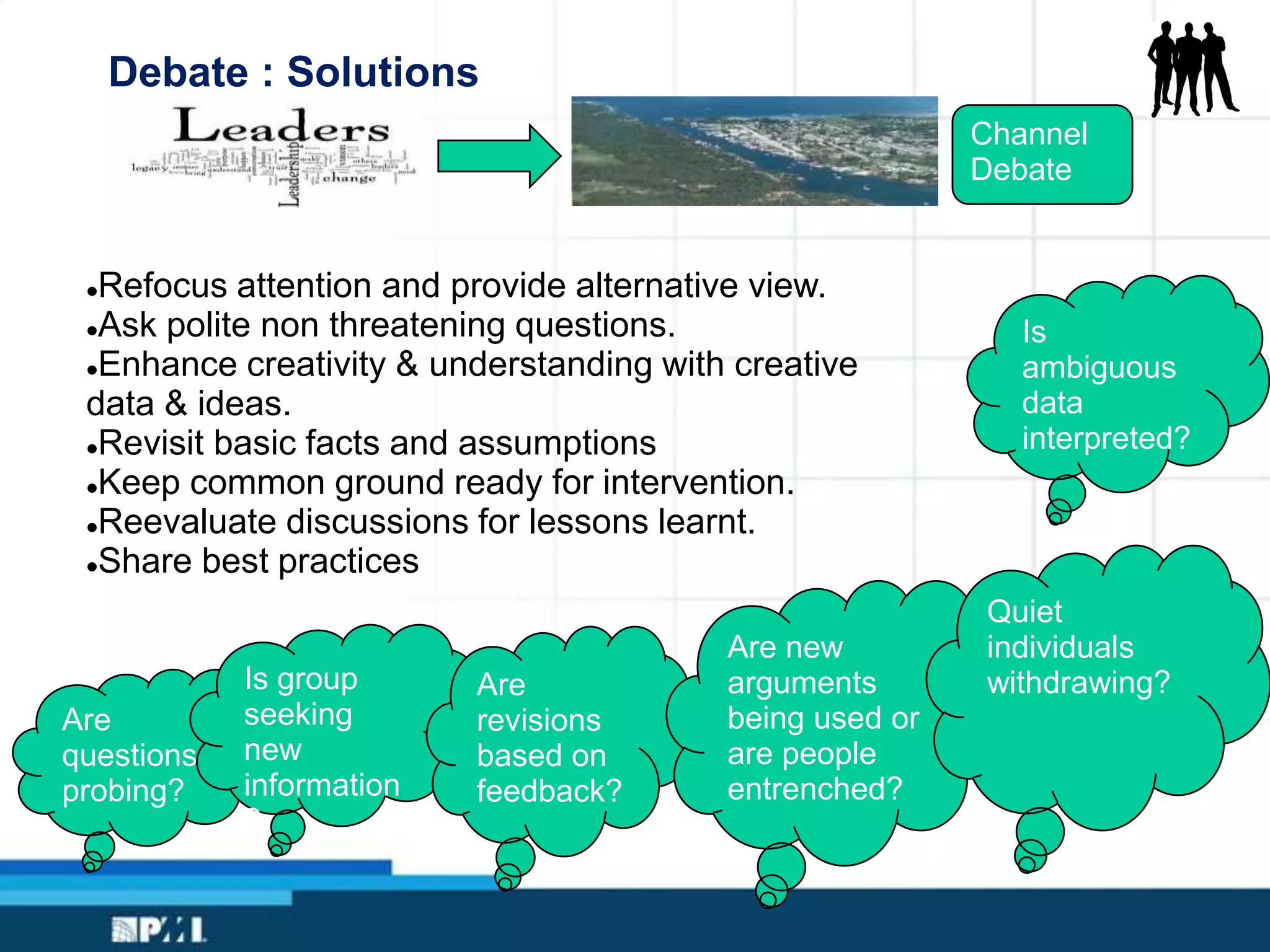 Debate : Solutions
Channel
Debate
Refocus attention and provide alternative view.
Ask polite non threatening questions.
Enhance creativity & understanding with creative
data & ideas.
Revisit basic facts and assumptions
Keep common ground ready for intervention.
Reevaluate discussions for lessons learnt.
Share best practices
Are
questions
probing?
Is group
seeking
new
information
?
Are
revisions
based on
feedback?
Is
ambiguous
data
interpreted?
Are new
arguments
being used or
are people
entrenched?
Quiet
individuals
withdrawing?
 