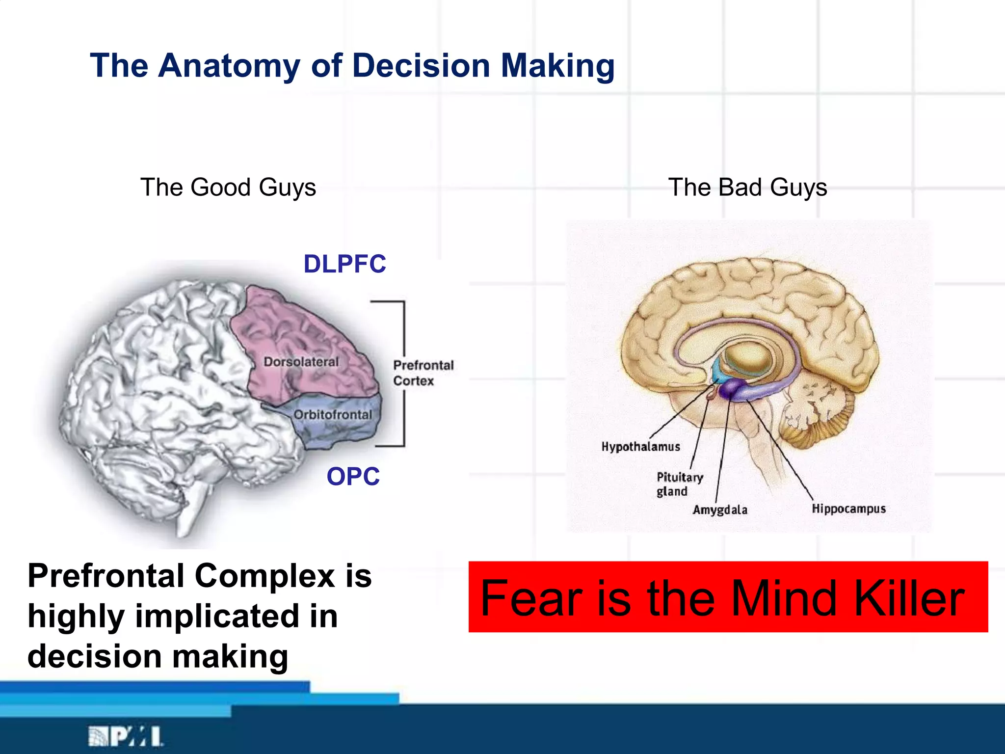 The Anatomy of Decision Making
Prefrontal Complex is
highly implicated in
decision making
The Good Guys The Bad Guys
DLPFC
OPC
Fear is the Mind Killer
 