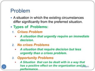 Problem A situation in which the existing circumstances differ significantly from the preferred situation. Types of  Problems:Crises ProblemA situation that urgently require an immediate decision.No crises ProblemsA situation that require decision but less urgently than a crises problem.Opportunity ProblemsA Situation  that can be dealt with in a way that has a positive effect on the organization and its performance.10/1/20113