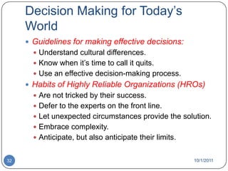 Decision-Making Biases and ErrorsFraming BiasSelecting and highlighting certain aspects of a situation while ignoring other aspects.Availability BiasLosing decision-making objectivity by focusing on the most recent events.Representation BiasDrawing analogies and seeing identical situations when none exist.Randomness BiasCreating unfounded meaning out of random events.10/1/201129