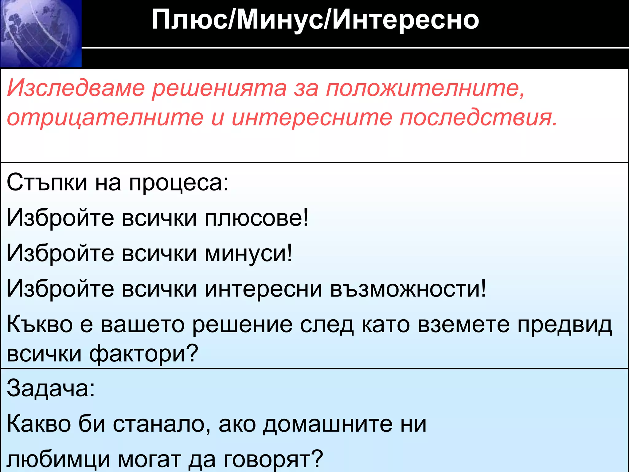 Плюс/Минус/Интересно Изследваме решенията за положителните, отрицателните и интересните последствия . Стъпки на процеса :  Избройте всички плюсове! Избройте всички минуси! Избройте всички интересни възможности! Къкво е вашето решение след като вземете предвид всички фактори ? Задача :  Какво би станало, ако домашните ни  любимци могат да говорят ? 