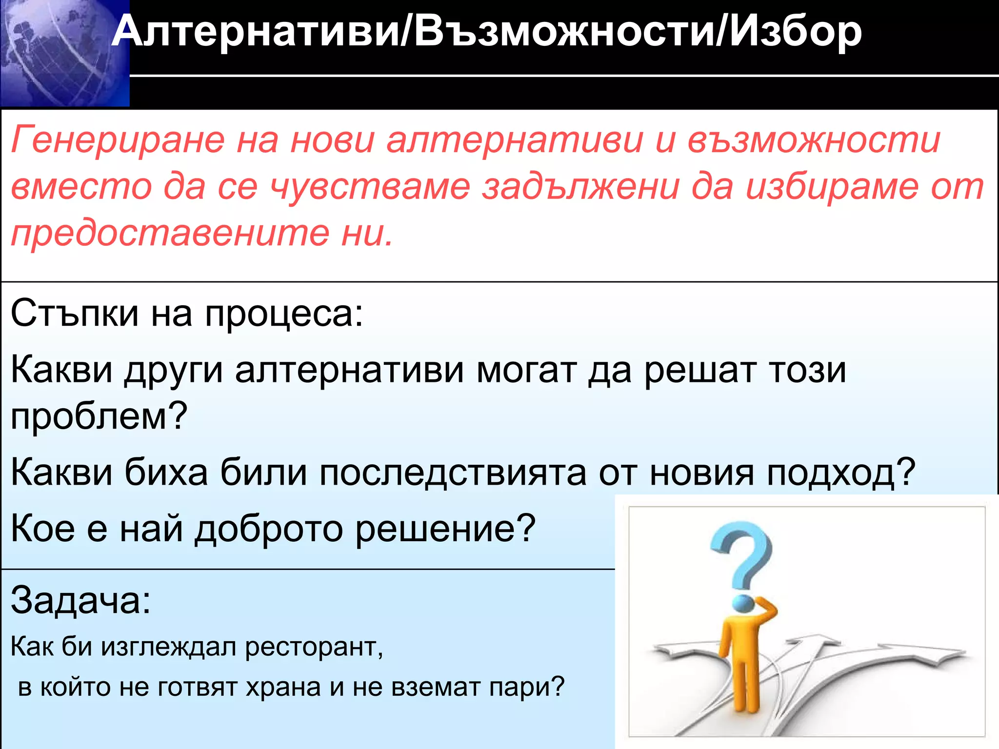 Алтернативи/Възможности/Избор Генериране на нови алтернативи и възможности вместо да се чувстваме задължени да избираме от предоставените ни .   Стъпки на процеса :  Какви други алтернативи могат да решат този проблем ?  Какви биха били последствията от новия подход? Кое е най доброто решение ? Задача :  Как би изглеждал ресторант, в който не готвят храна и не вземат пари? 