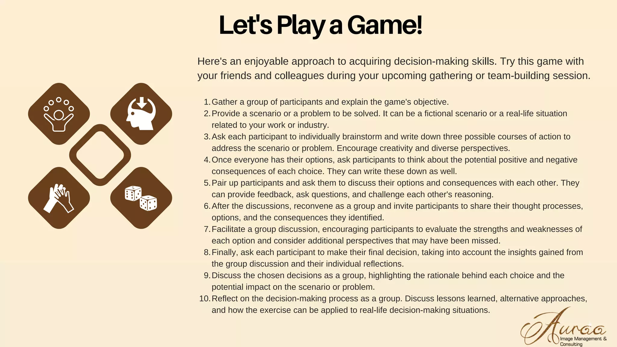 Here's an enjoyable approach to acquiring decision-making skills. Try this game with
your friends and colleagues during your upcoming gathering or team-building session.
Gather a group of participants and explain the game's objective.
Provide a scenario or a problem to be solved. It can be a fictional scenario or a real-life situation
related to your work or industry.
Ask each participant to individually brainstorm and write down three possible courses of action to
address the scenario or problem. Encourage creativity and diverse perspectives.
Once everyone has their options, ask participants to think about the potential positive and negative
consequences of each choice. They can write these down as well.
Pair up participants and ask them to discuss their options and consequences with each other. They
can provide feedback, ask questions, and challenge each other's reasoning.
After the discussions, reconvene as a group and invite participants to share their thought processes,
options, and the consequences they identified.
Facilitate a group discussion, encouraging participants to evaluate the strengths and weaknesses of
each option and consider additional perspectives that may have been missed.
Finally, ask each participant to make their final decision, taking into account the insights gained from
the group discussion and their individual reflections.
Discuss the chosen decisions as a group, highlighting the rationale behind each choice and the
potential impact on the scenario or problem.
Reflect on the decision-making process as a group. Discuss lessons learned, alternative approaches,
and how the exercise can be applied to real-life decision-making situations.
1.
2.
3.
4.
5.
6.
7.
8.
9.
10.
Let'sPlayaGame!
 