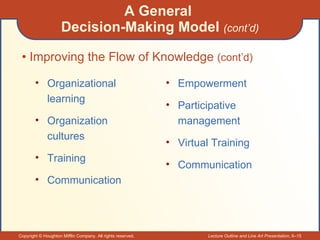 A General  Decision-Making Model  (cont’d) Improving the Flow of Knowledge  (cont’d) Organizational learning Organization cultures Training Communication Empowerment Participative management Virtual Training Communication 