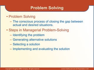 Problem Solving Problem Solving The conscious process of closing the gap between actual and desired situations. Steps in Managerial Problem-Solving Identifying the problem Generating alternative solutions Selecting a solution Implementing and evaluating the solution 