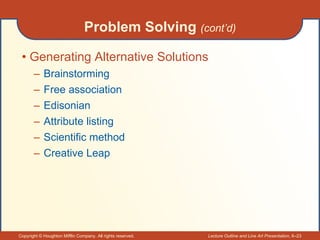 Problem Solving  (cont’d) Generating Alternative Solutions Brainstorming Free association Edisonian Attribute listing Scientific method Creative Leap 