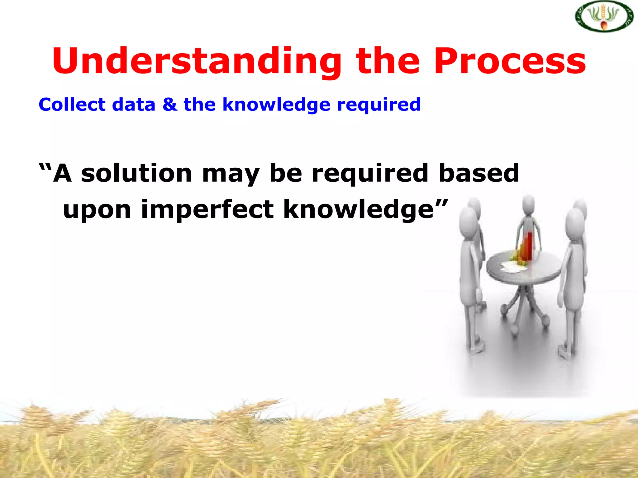 Collect data & the knowledge required
“A solution may be required based
upon imperfect knowledge”
Understanding the Process
 