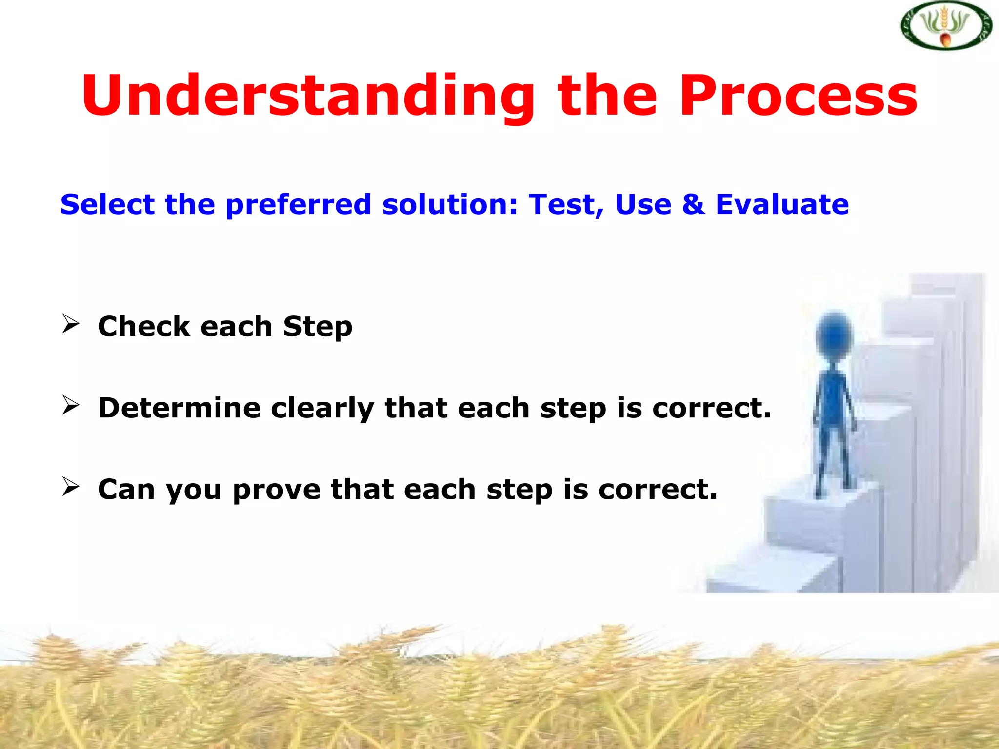 Select the preferred solution: Test, Use & Evaluate
 Check each Step
 Determine clearly that each step is correct.
 Can you prove that each step is correct.
Understanding the Process
 