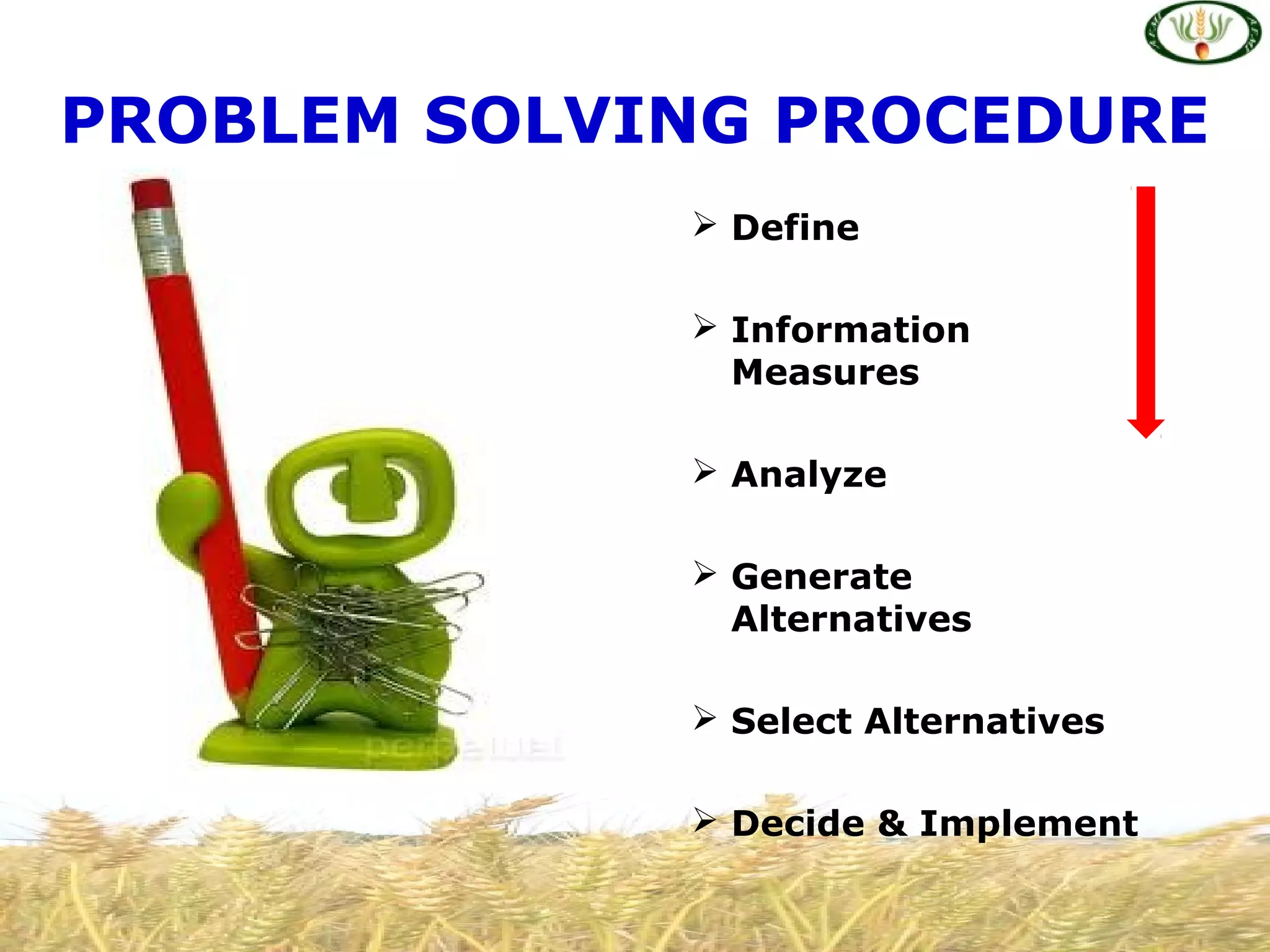 PROBLEM SOLVING PROCEDURE
 Define
 Information
Measures
 Analyze
 Generate
Alternatives
 Select Alternatives
 Decide & Implement
 