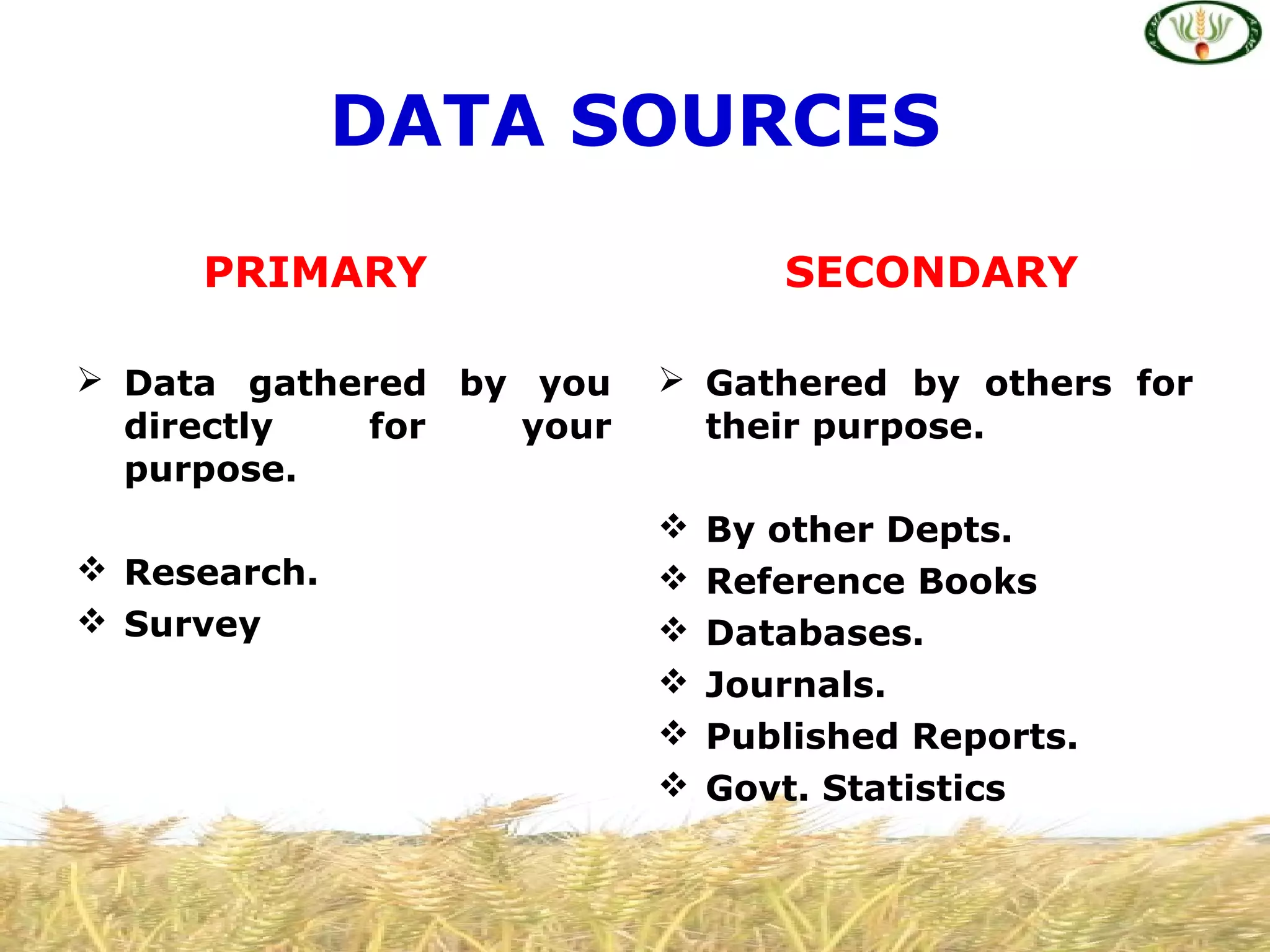  Data gathered by you
directly for your
purpose.
 Research.
 Survey
 Gathered by others for
their purpose.
 By other Depts.
 Reference Books
 Databases.
 Journals.
 Published Reports.
 Govt. Statistics
DATA SOURCES
PRIMARY SECONDARY
 
