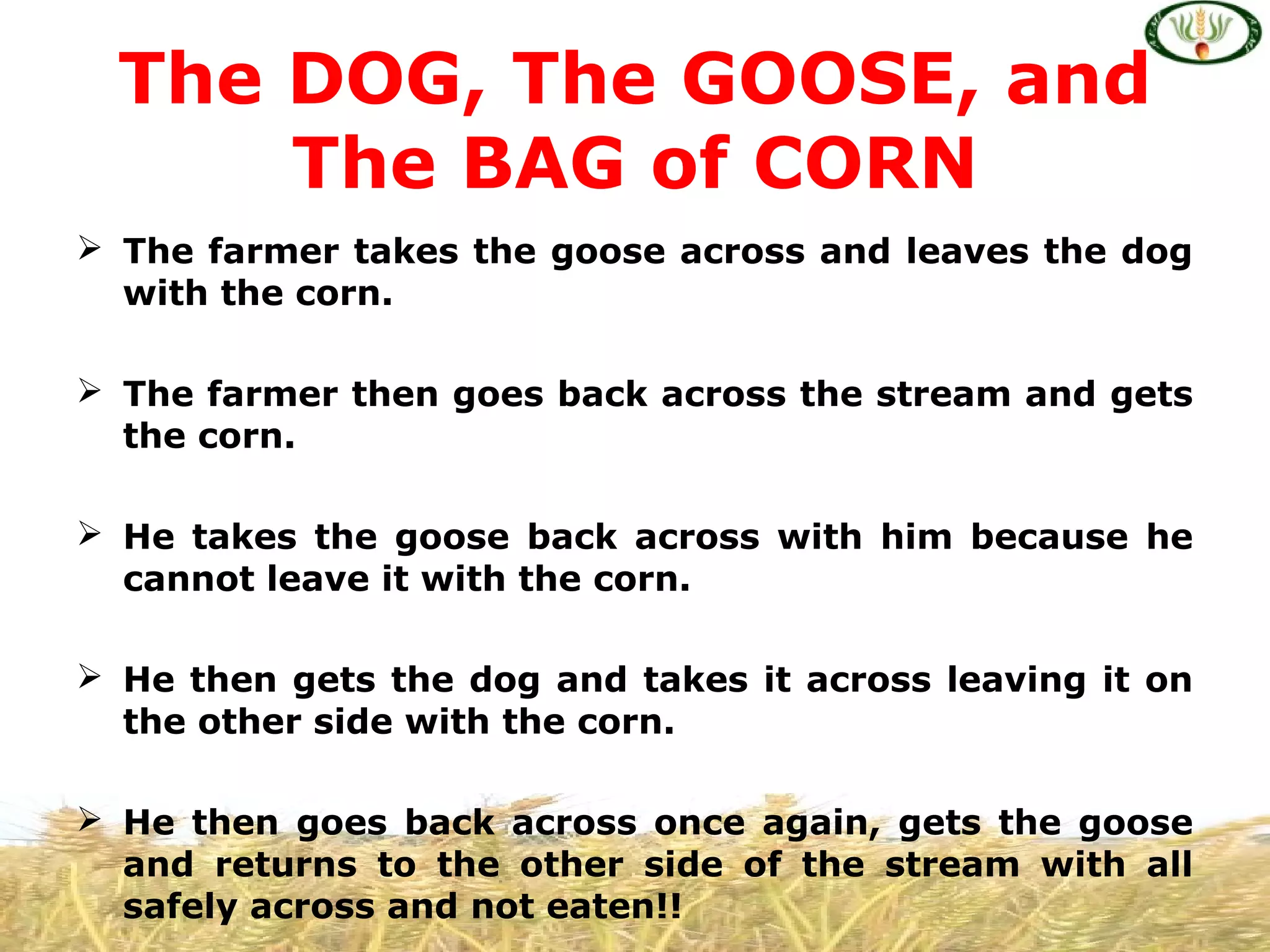  The farmer takes the goose across and leaves the dog
with the corn.
 The farmer then goes back across the stream and gets
the corn.
 He takes the goose back across with him because he
cannot leave it with the corn.
 He then gets the dog and takes it across leaving it on
the other side with the corn.
 He then goes back across once again, gets the goose
and returns to the other side of the stream with all
safely across and not eaten!!
The DOG, The GOOSE, and
The BAG of CORN
 