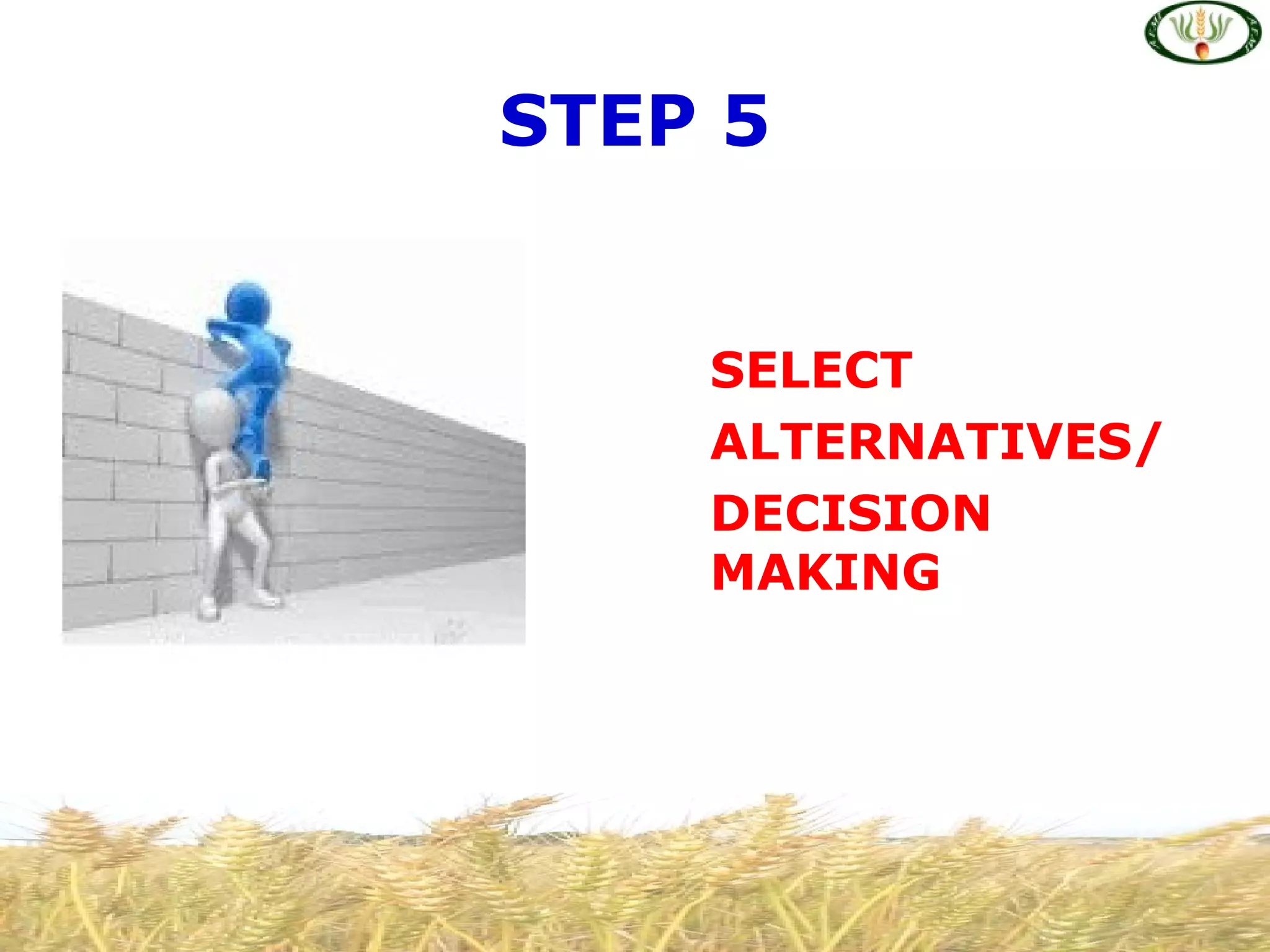 STEP 5
SELECT
ALTERNATIVES/
DECISION
MAKING
 