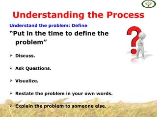Understand the problem: Define
“Put in the time to define the
problem”
 Discuss.
 Ask Questions.
 Visualize.
 Restate the problem in your own words.
 Explain the problem to someone else.
Understanding the Process
 