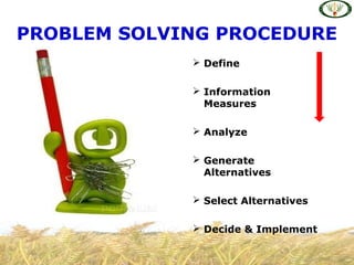 PROBLEM SOLVING PROCEDURE
 Define
 Information
Measures
 Analyze
 Generate
Alternatives
 Select Alternatives
 Decide & Implement
 