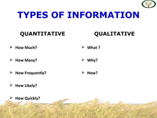 QUANTITATIVE
 How Much?
 How Many?
 How Frequently?
 How Likely?
 How Quickly?
QUALITATIVE
 What ?
 Why?
 How?
TYPES OF INFORMATION
 