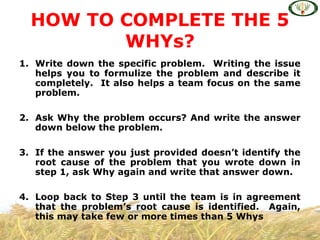 1. Write down the specific problem. Writing the issue
helps you to formulize the problem and describe it
completely. It also helps a team focus on the same
problem.
2. Ask Why the problem occurs? And write the answer
down below the problem.
3. If the answer you just provided doesn’t identify the
root cause of the problem that you wrote down in
step 1, ask Why again and write that answer down.
4. Loop back to Step 3 until the team is in agreement
that the problem’s root cause is identified. Again,
this may take few or more times than 5 Whys
HOW TO COMPLETE THE 5
WHYs?
 
