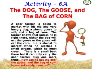 Activity – 6A
A poor farmer is going to
market with his old and very
hungry dog, a plump goose to
sell, and a bog of corn. The
farmer knows that unless he is
right there, either the dog will
eat the goose or the goose will
eat the corn. He is almost to
market when he reaches a
small stream, which he must
cross. There is a small boat
there but it can only carry the
poor farmer plus one more
thing. How can he get the dog,
the goose, and the bag of corn
to market safely, uneaten?
The DOG, The GOOSE, and
The BAG of CORN
 